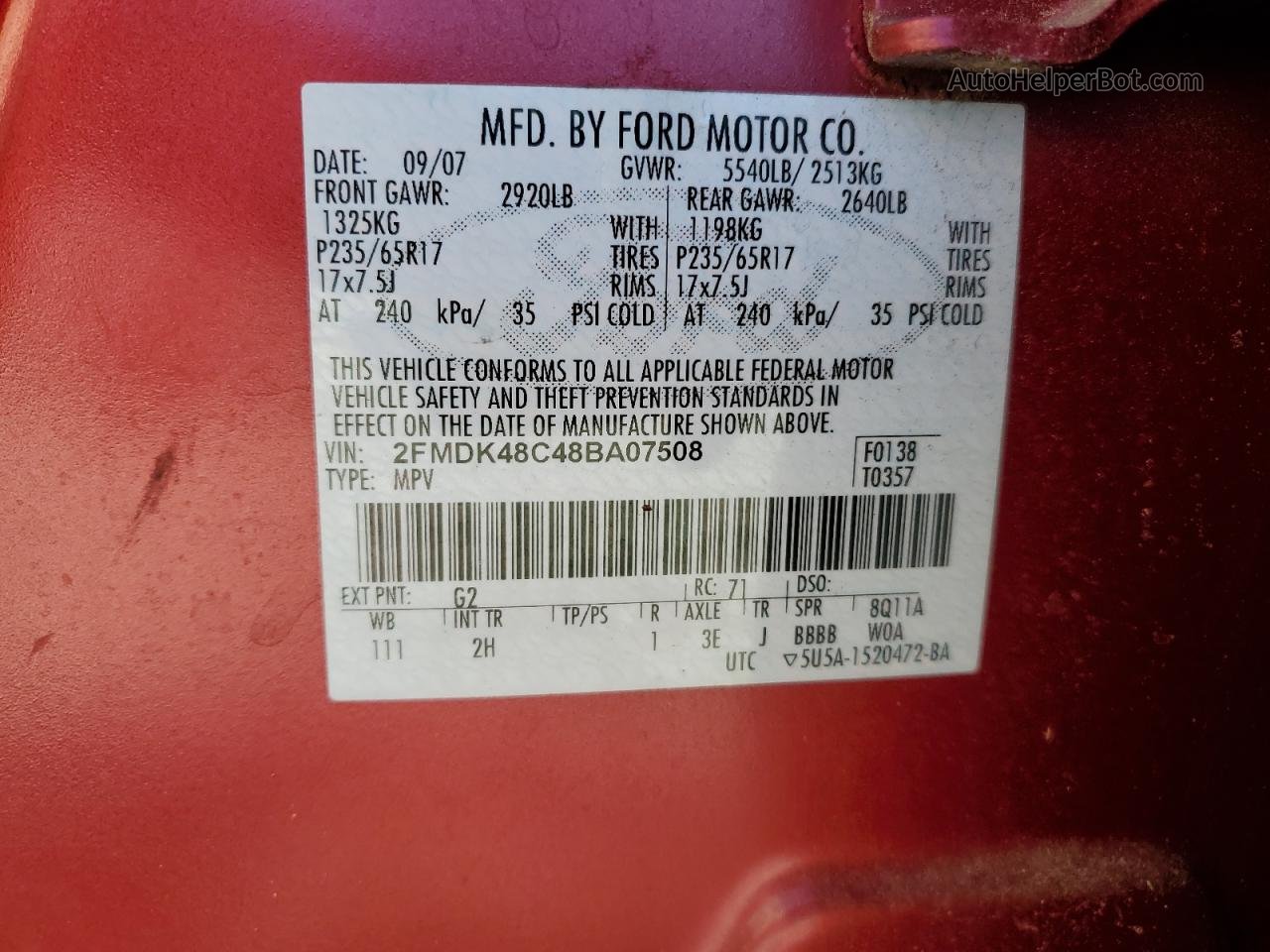 2008 Ford Edge Sel Красный vin: 2FMDK48C48BA07508