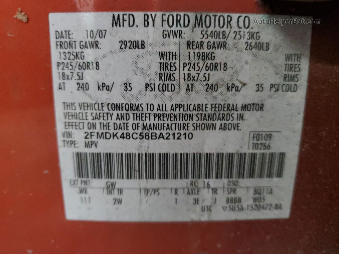 2008 Ford Edge Sel Orange vin: 2FMDK48C58BA21210