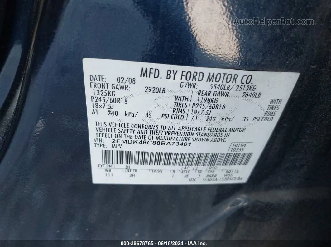 2008 Ford Edge Sel Черный vin: 2FMDK48C88BA73401