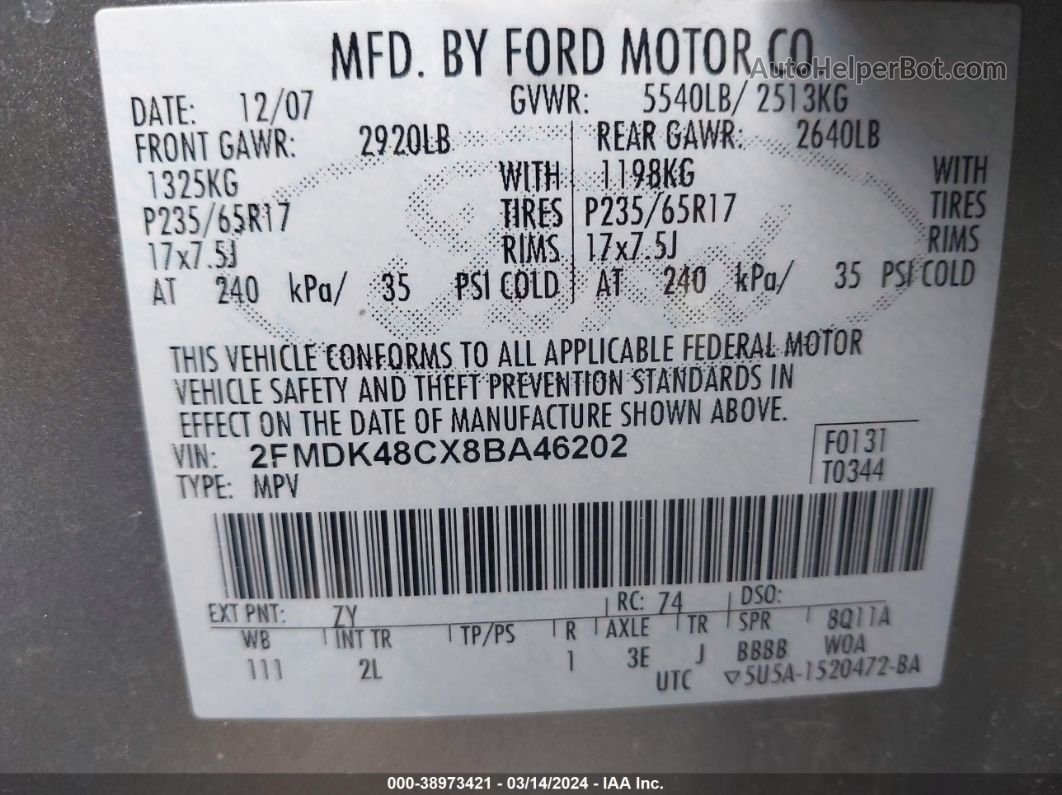 2008 Ford Edge Sel Silver vin: 2FMDK48CX8BA46202