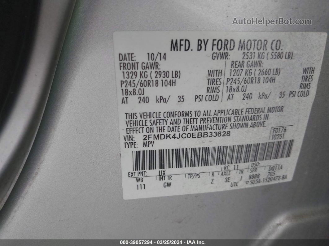 2014 Ford Edge Sel Silver vin: 2FMDK4JC0EBB33628