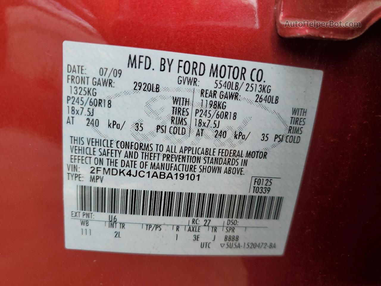 2010 Ford Edge Sel Red vin: 2FMDK4JC1ABA19101