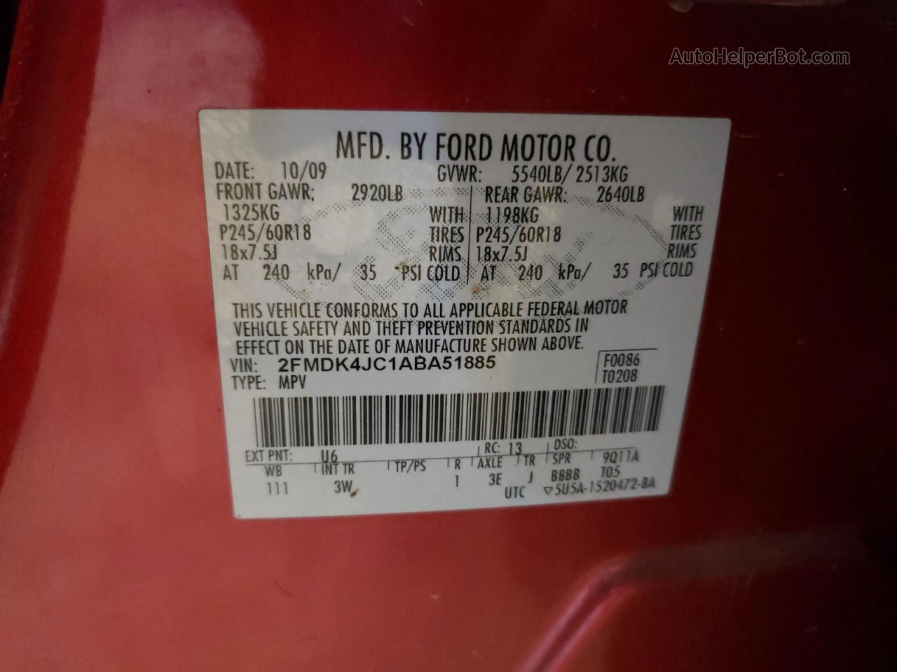 2010 Ford Edge Sel Red vin: 2FMDK4JC1ABA51885