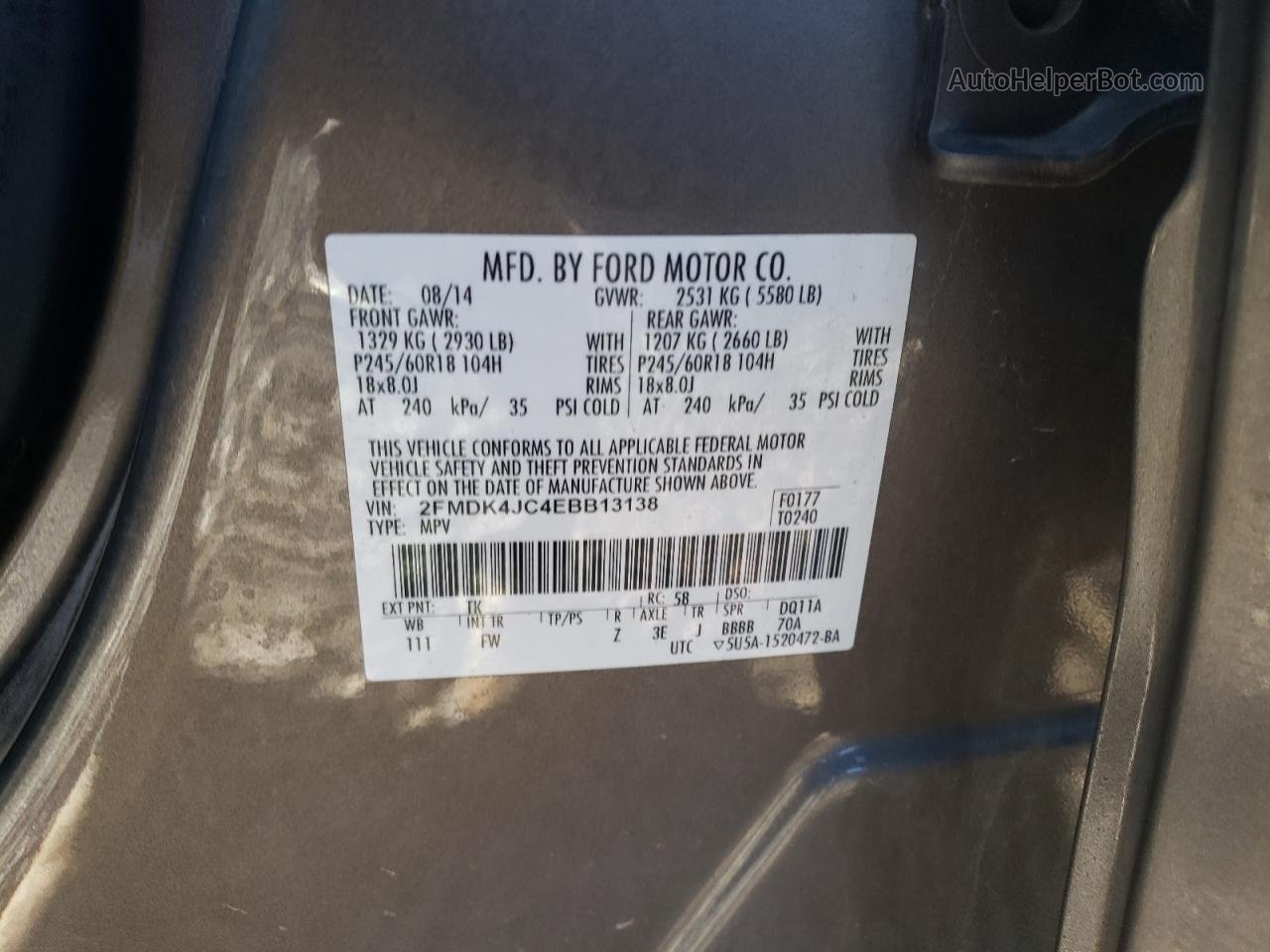 2014 Ford Edge Sel Серый vin: 2FMDK4JC4EBB13138