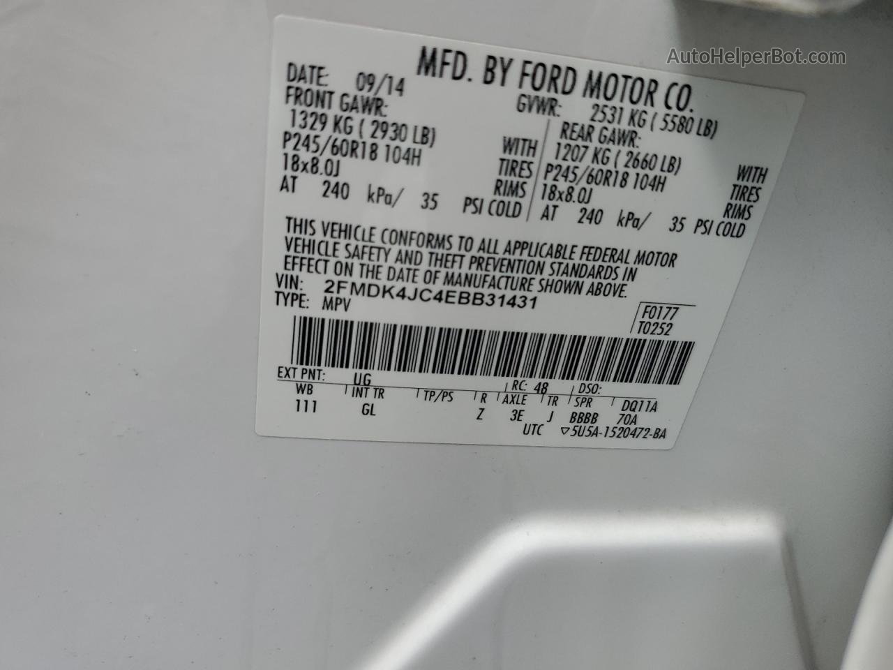 2014 Ford Edge Sel Белый vin: 2FMDK4JC4EBB31431