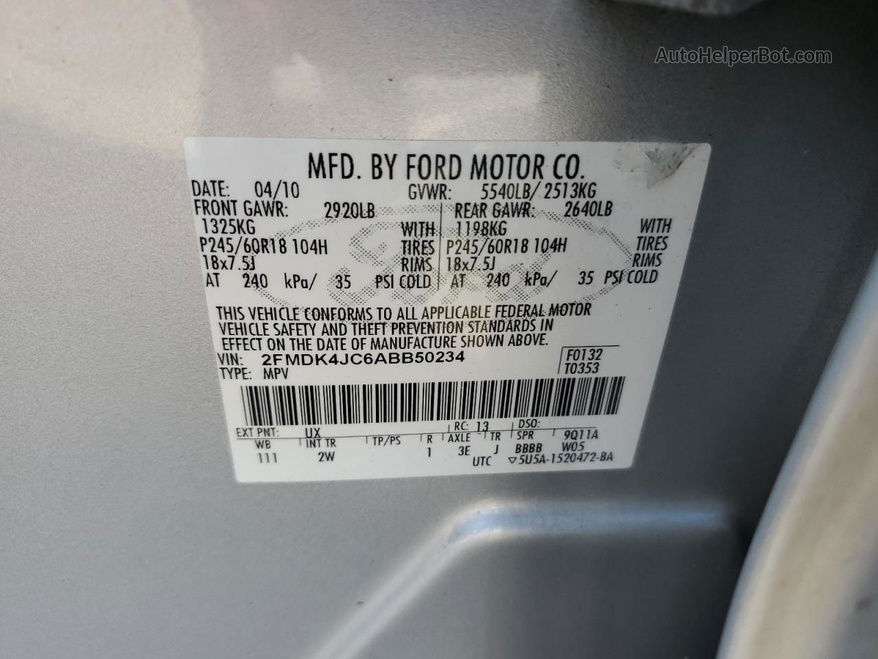 2010 Ford Edge Sel Серебряный vin: 2FMDK4JC6ABB50234