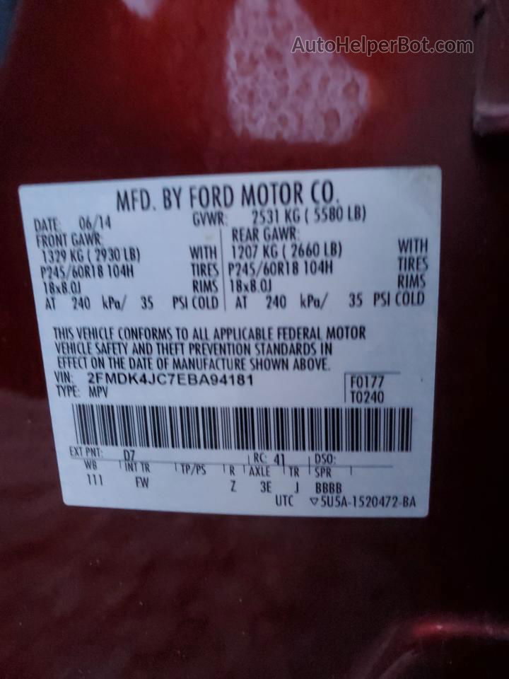 2014 Ford Edge Sel Red vin: 2FMDK4JC7EBA94181