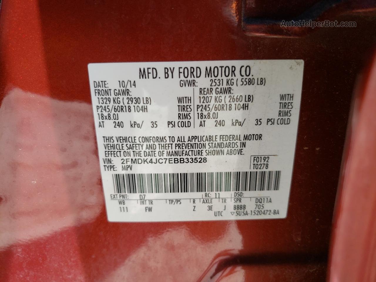 2014 Ford Edge Sel Red vin: 2FMDK4JC7EBB33528