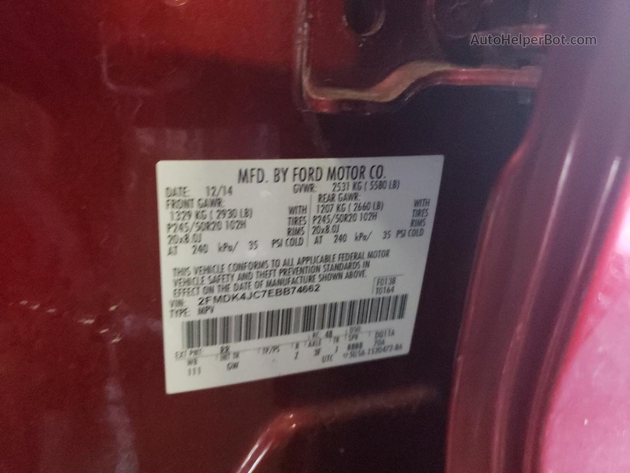 2014 Ford Edge Sel Red vin: 2FMDK4JC7EBB74662