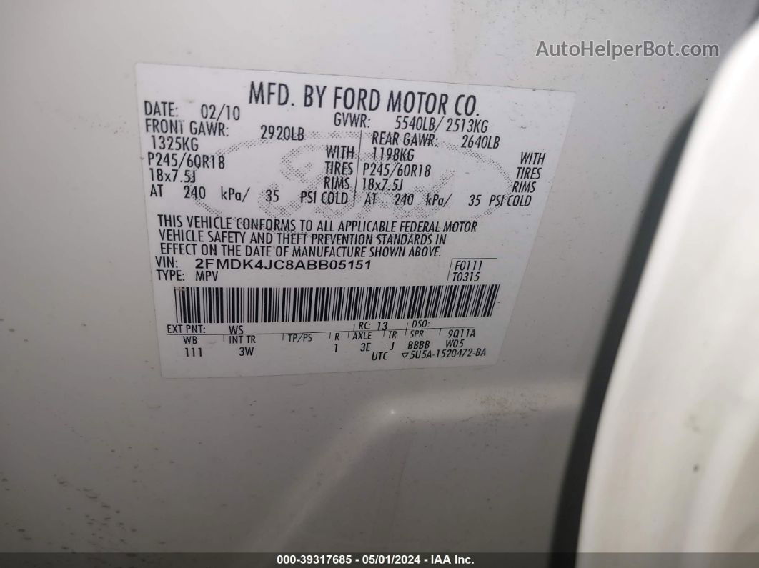 2010 Ford Edge Sel Белый vin: 2FMDK4JC8ABB05151