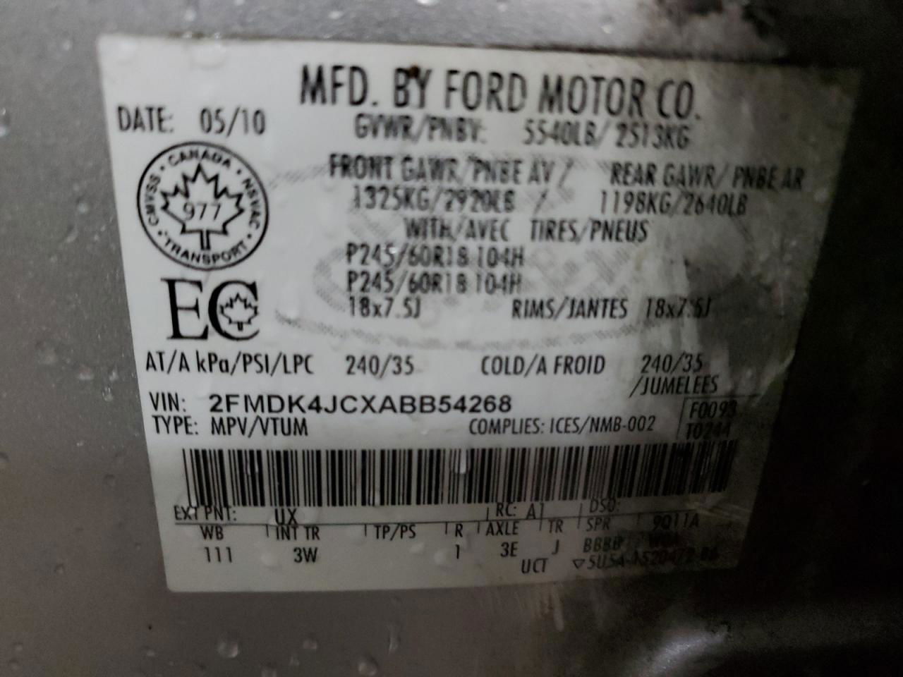 2010 Ford Edge Sel Серый vin: 2FMDK4JCXABB54268