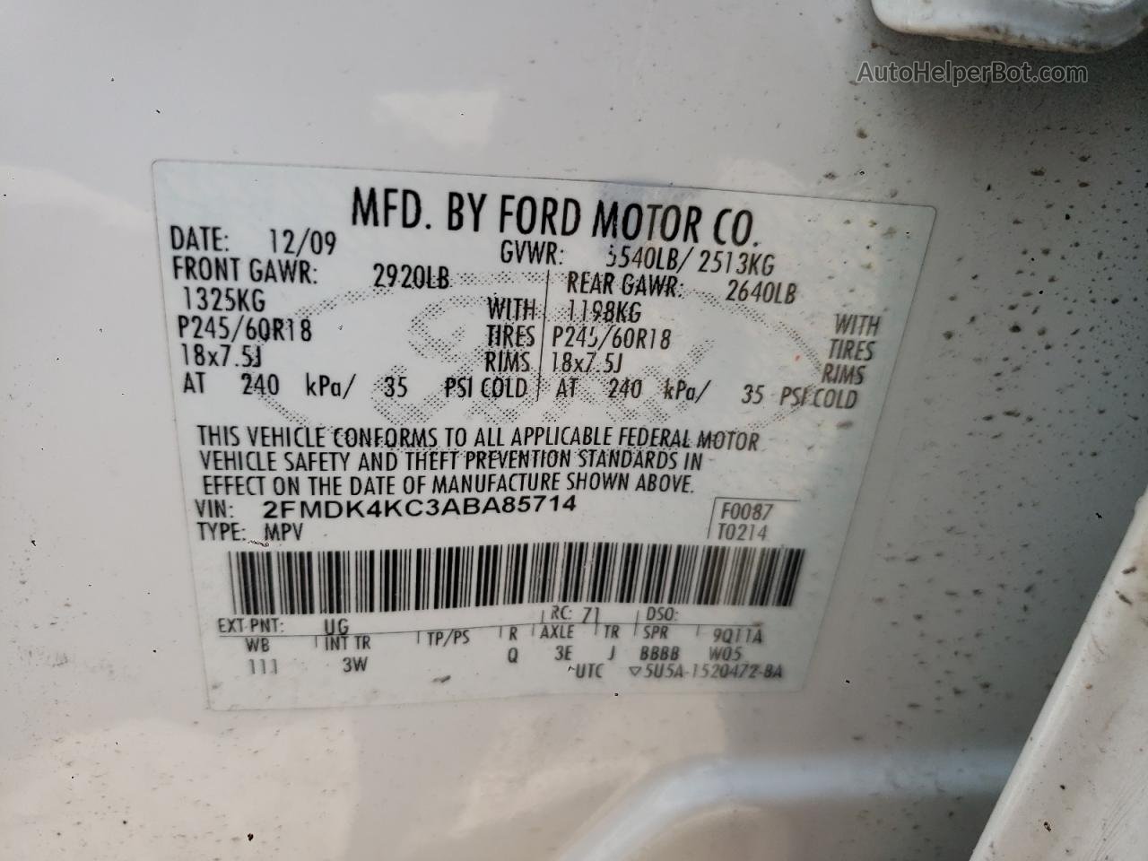 2010 Ford Edge Limited Белый vin: 2FMDK4KC3ABA85714