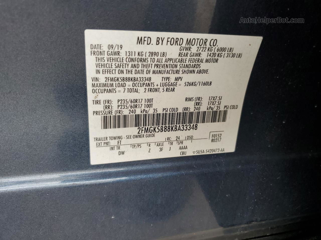 2019 Ford Flex Se Blue vin: 2FMGK5B88KBA33348