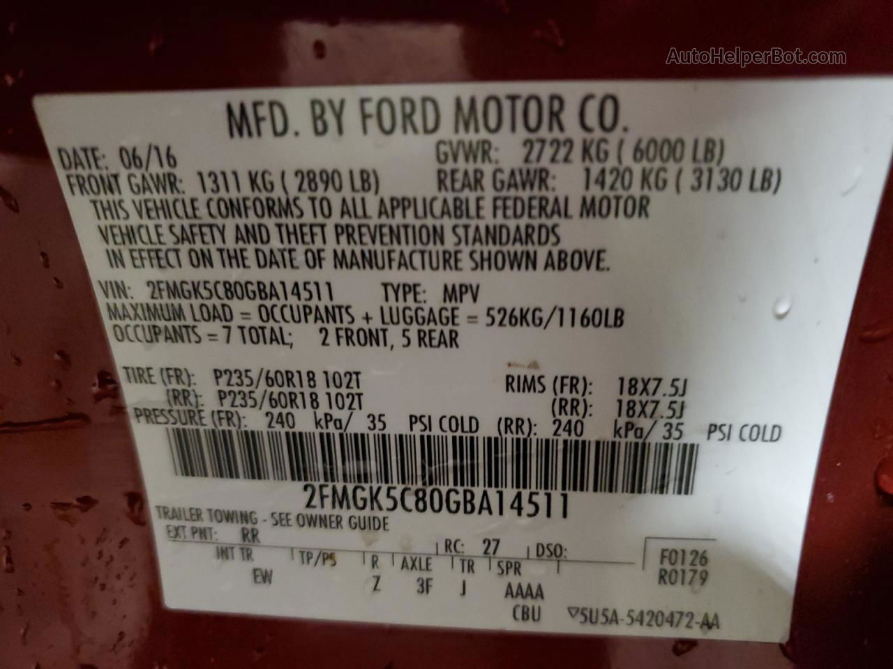 2016 Ford Flex Sel Red vin: 2FMGK5C80GBA14511