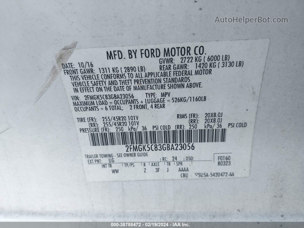 2016 Ford Flex Sel Белый vin: 2FMGK5C83GBA23056