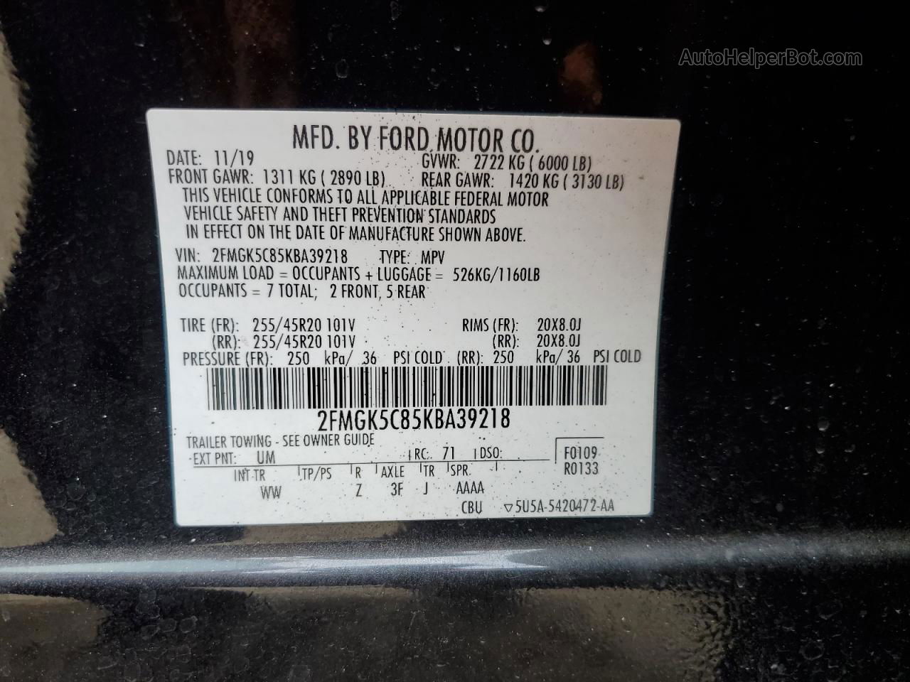 2019 Ford Flex Sel Черный vin: 2FMGK5C85KBA39218