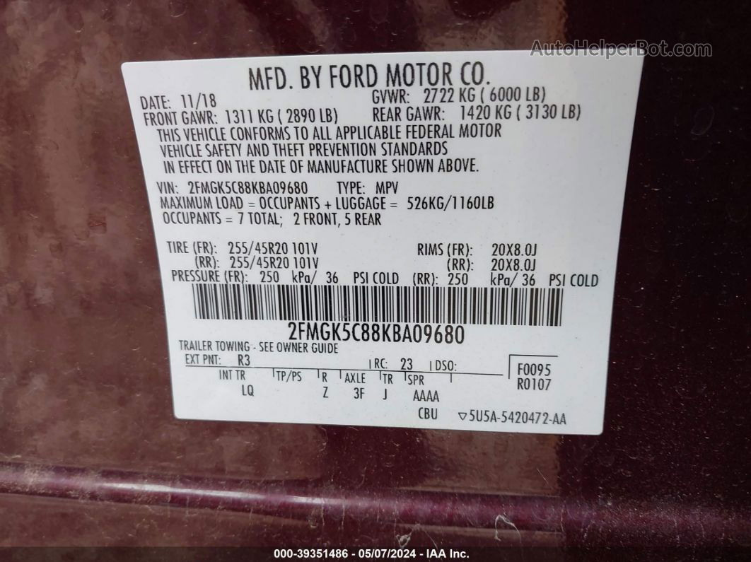 2019 Ford Flex Sel Burgundy vin: 2FMGK5C88KBA09680