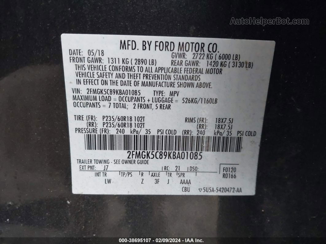 2019 Ford Flex Sel Серый vin: 2FMGK5C89KBA01085