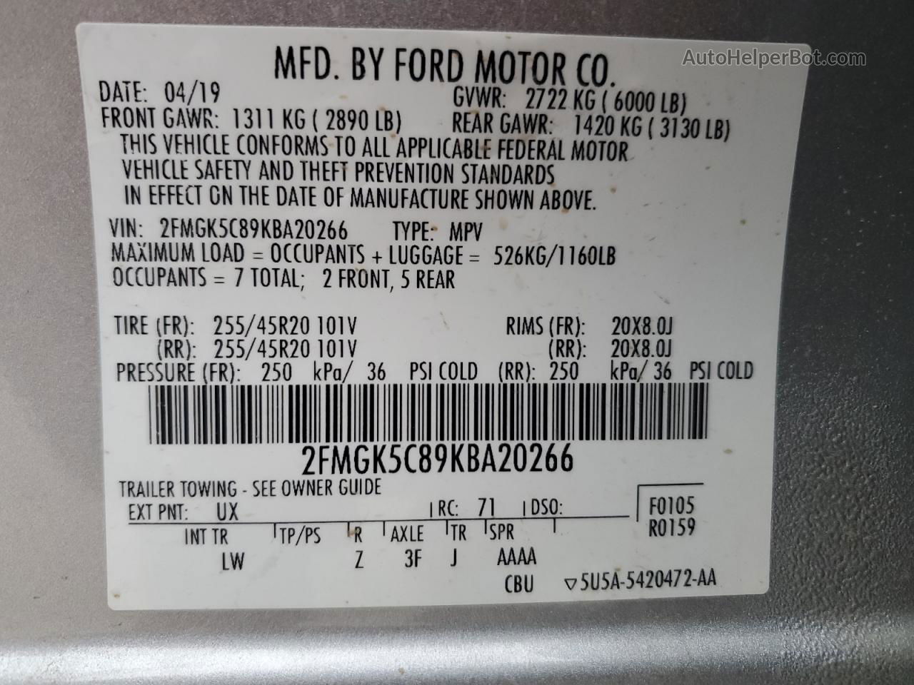 2019 Ford Flex Sel Silver vin: 2FMGK5C89KBA20266