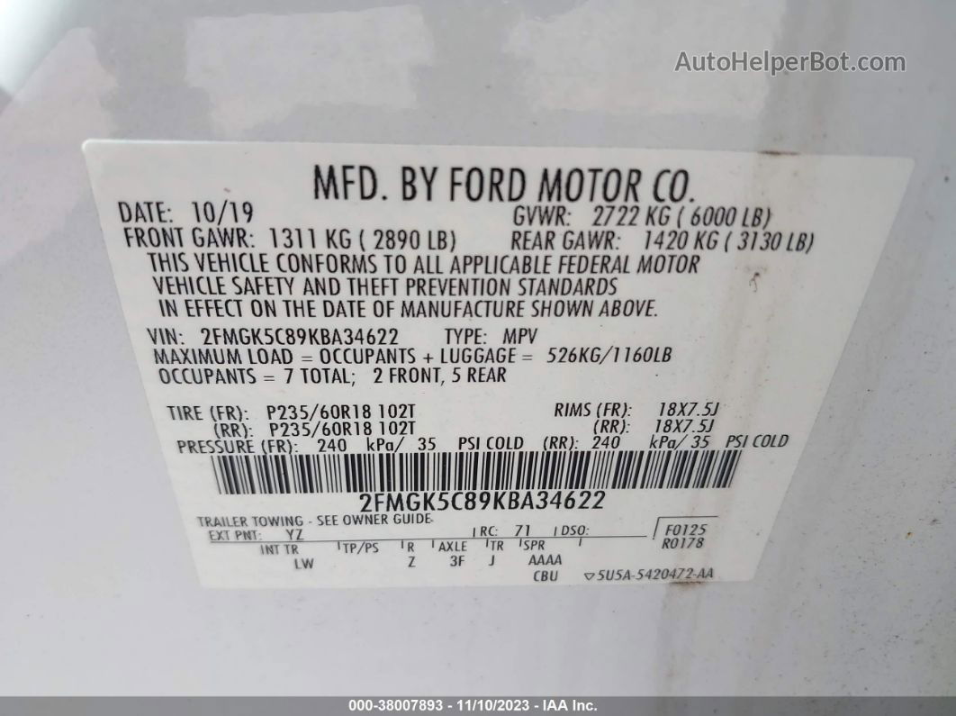 2019 Ford Flex Sel Белый vin: 2FMGK5C89KBA34622