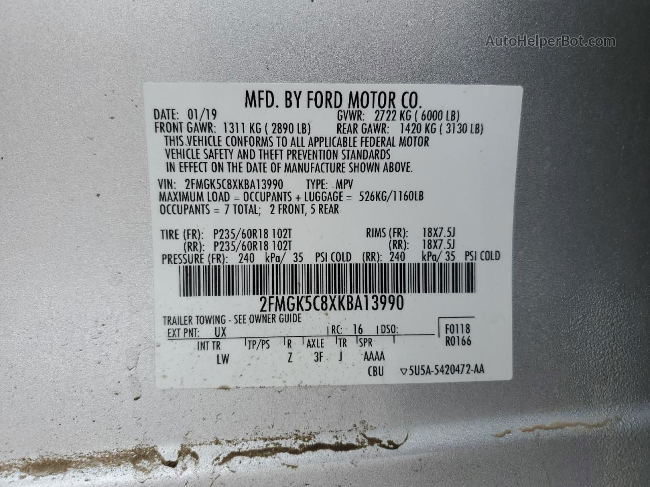 2019 Ford Flex Sel Серебряный vin: 2FMGK5C8XKBA13990