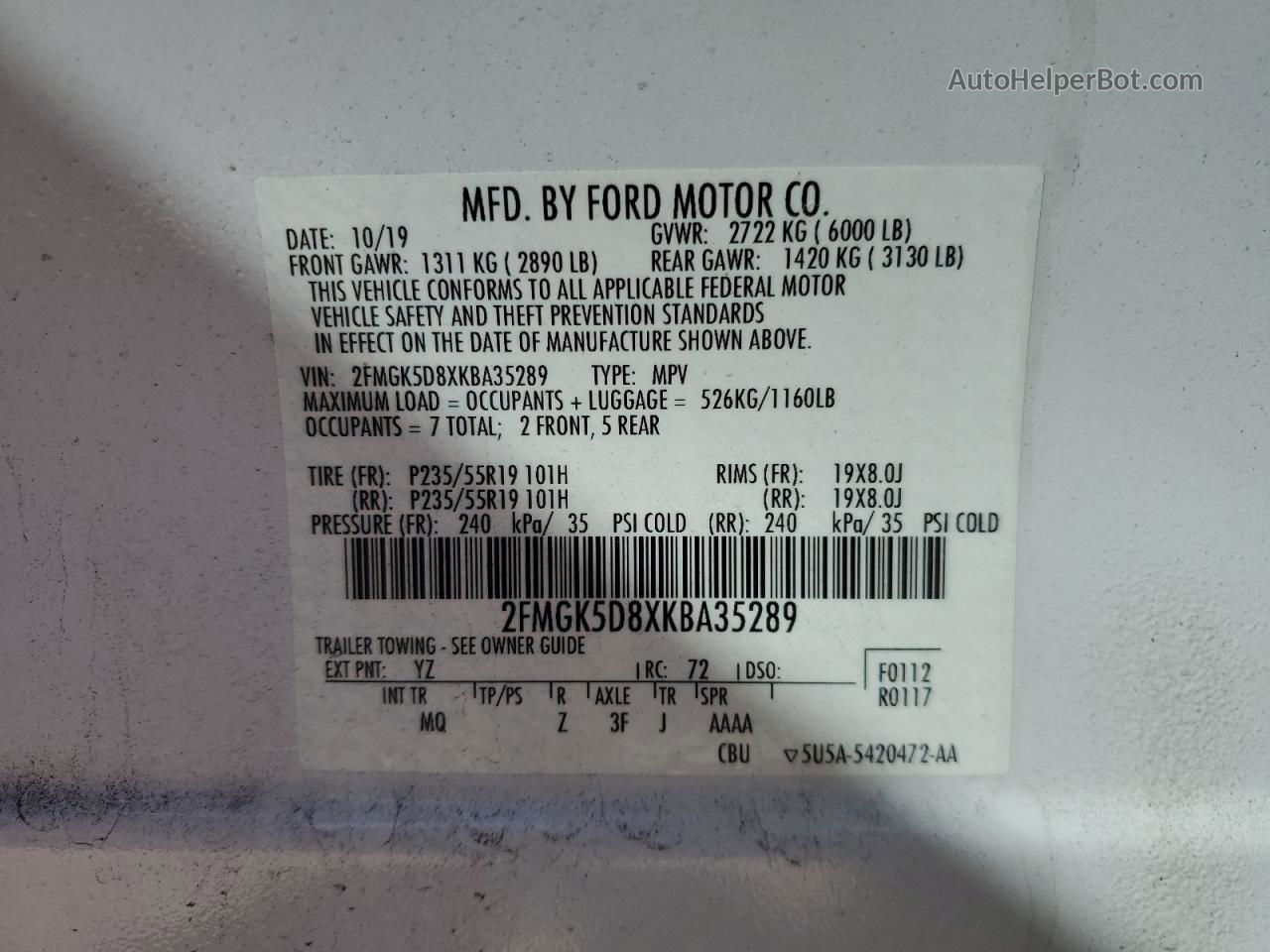 2019 Ford Flex Limited White vin: 2FMGK5D8XKBA35289