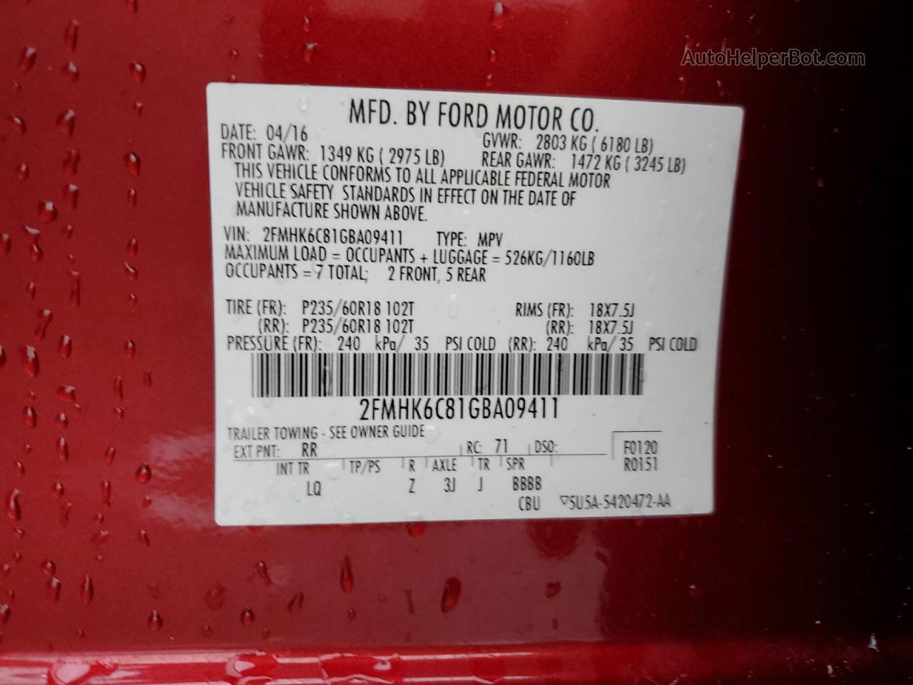 2016 Ford Flex Sel Red vin: 2FMHK6C81GBA09411