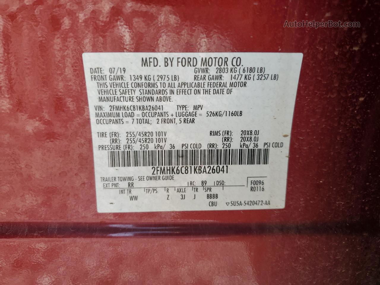 2019 Ford Flex Sel Red vin: 2FMHK6C81KBA26041