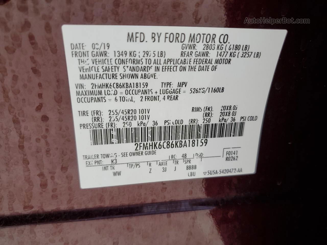 2019 Ford Flex Sel Burgundy vin: 2FMHK6C86KBA18159