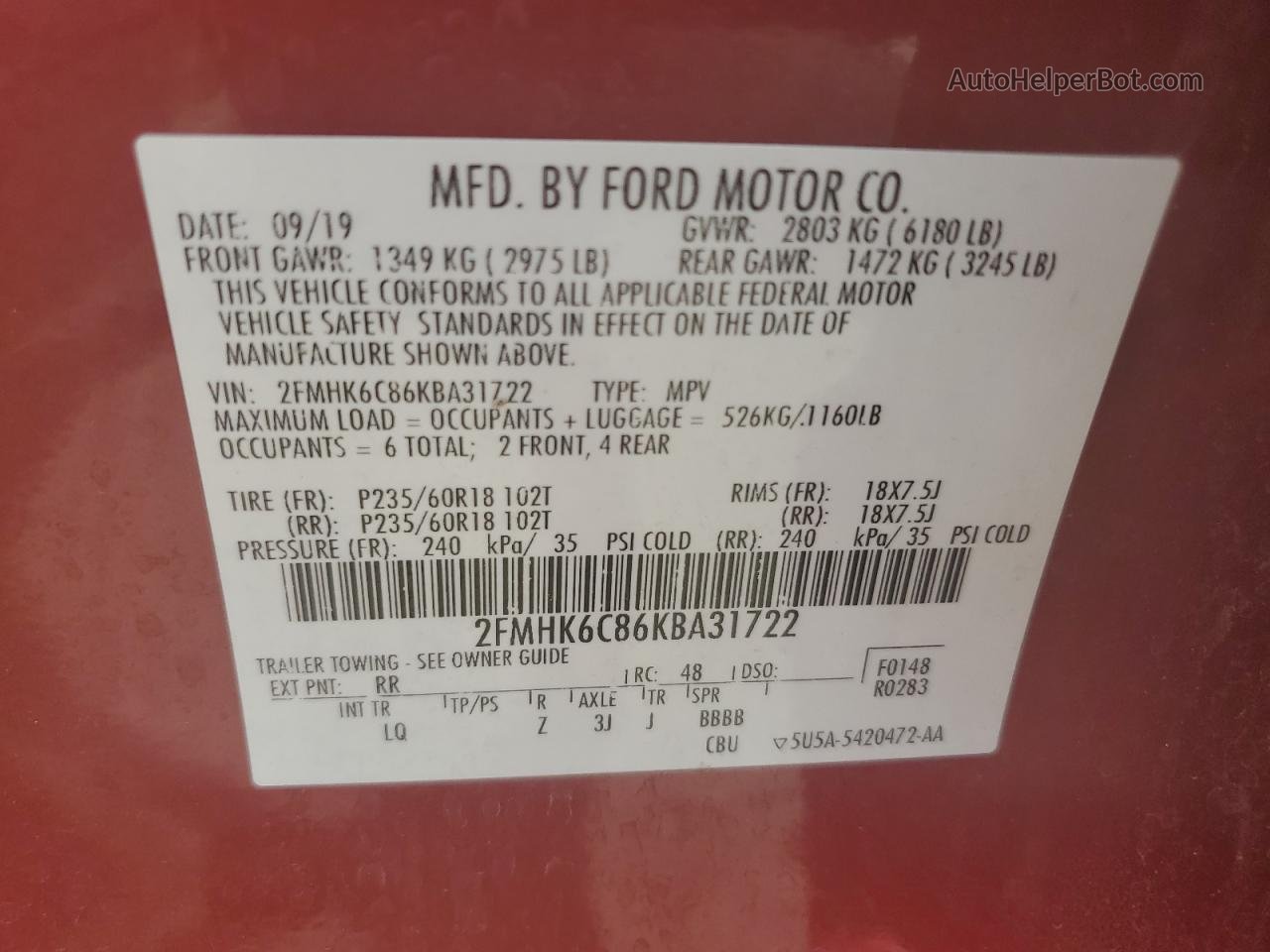2019 Ford Flex Sel Red vin: 2FMHK6C86KBA31722