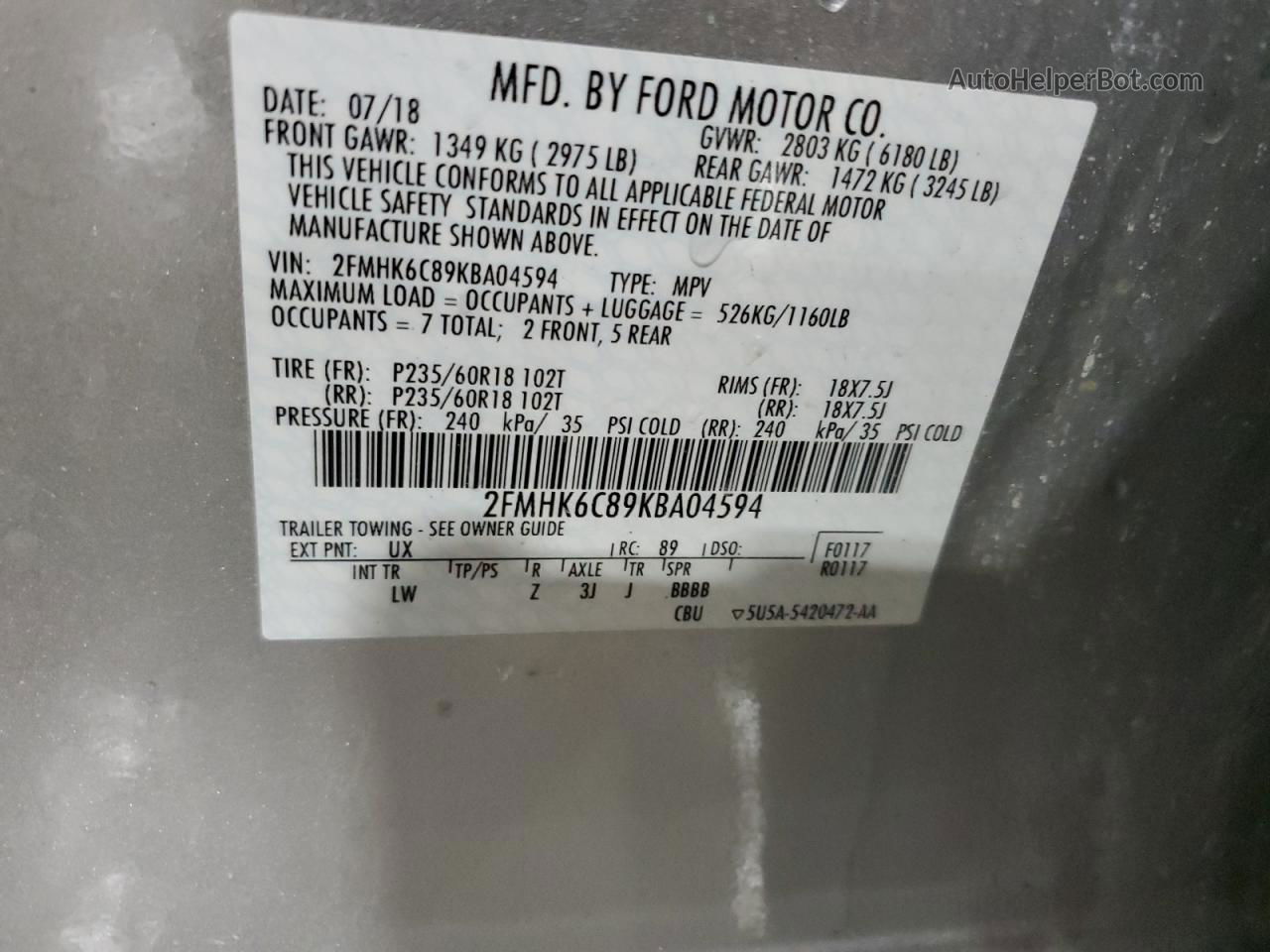 2019 Ford Flex Sel Silver vin: 2FMHK6C89KBA04594