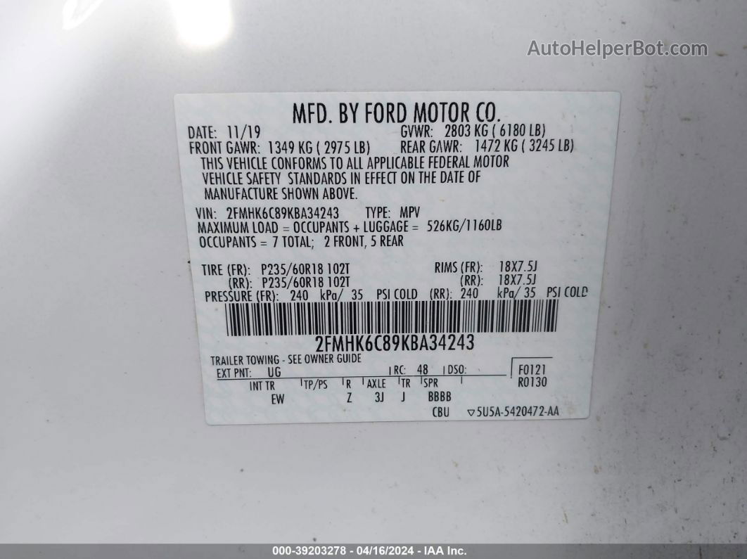 2019 Ford Flex Sel White vin: 2FMHK6C89KBA34243