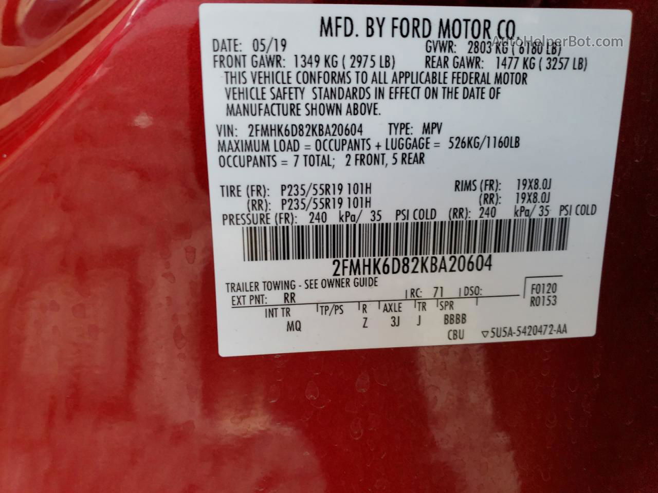 2019 Ford Flex Limited Red vin: 2FMHK6D82KBA20604