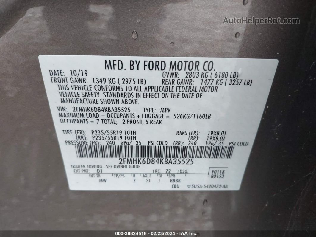2019 Ford Flex Limited Коричневый vin: 2FMHK6D84KBA35525