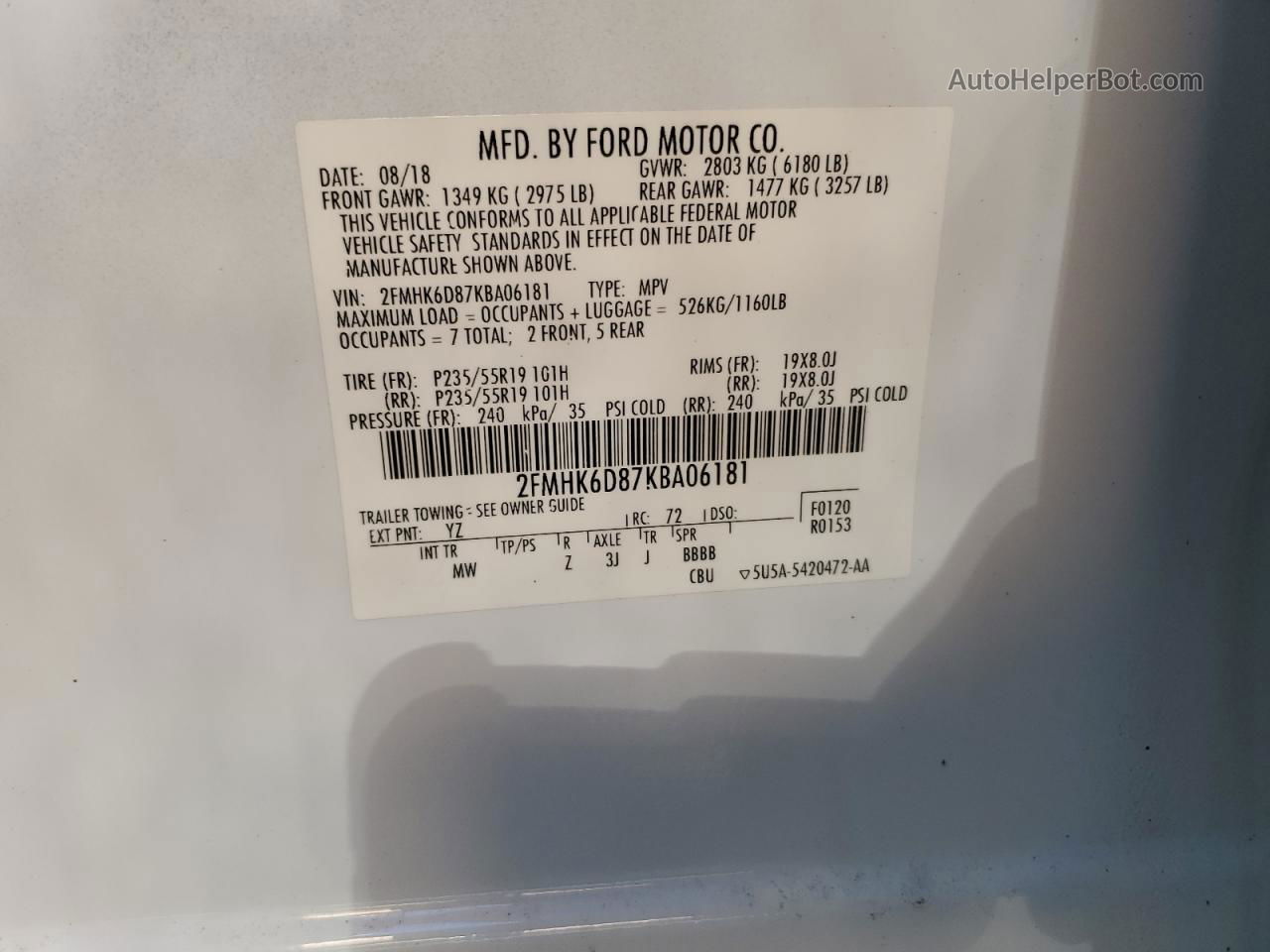 2019 Ford Flex Limited White vin: 2FMHK6D87KBA06181