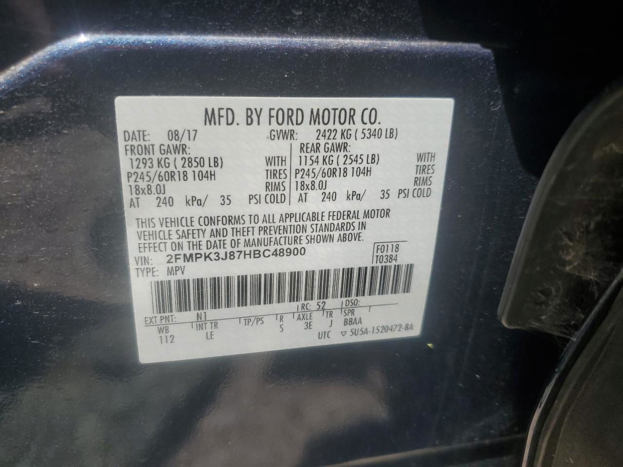 2017 Ford Edge Sel Blue vin: 2FMPK3J87HBC48900