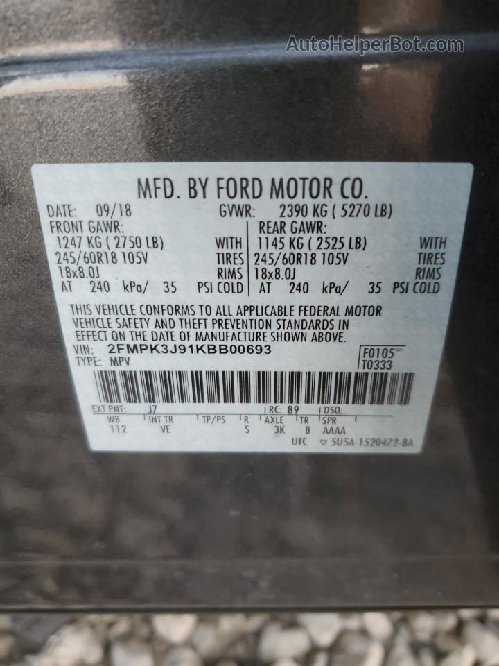 2019 Ford Edge Sel Серый vin: 2FMPK3J91KBB00693