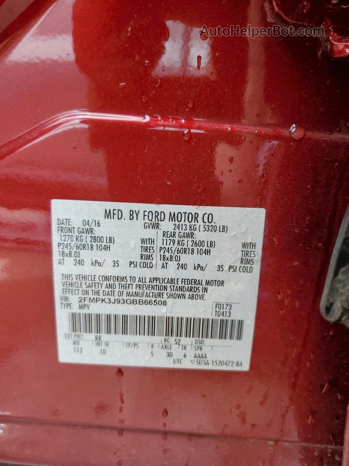 2016 Ford Edge Sel Maroon vin: 2FMPK3J93GBB66508