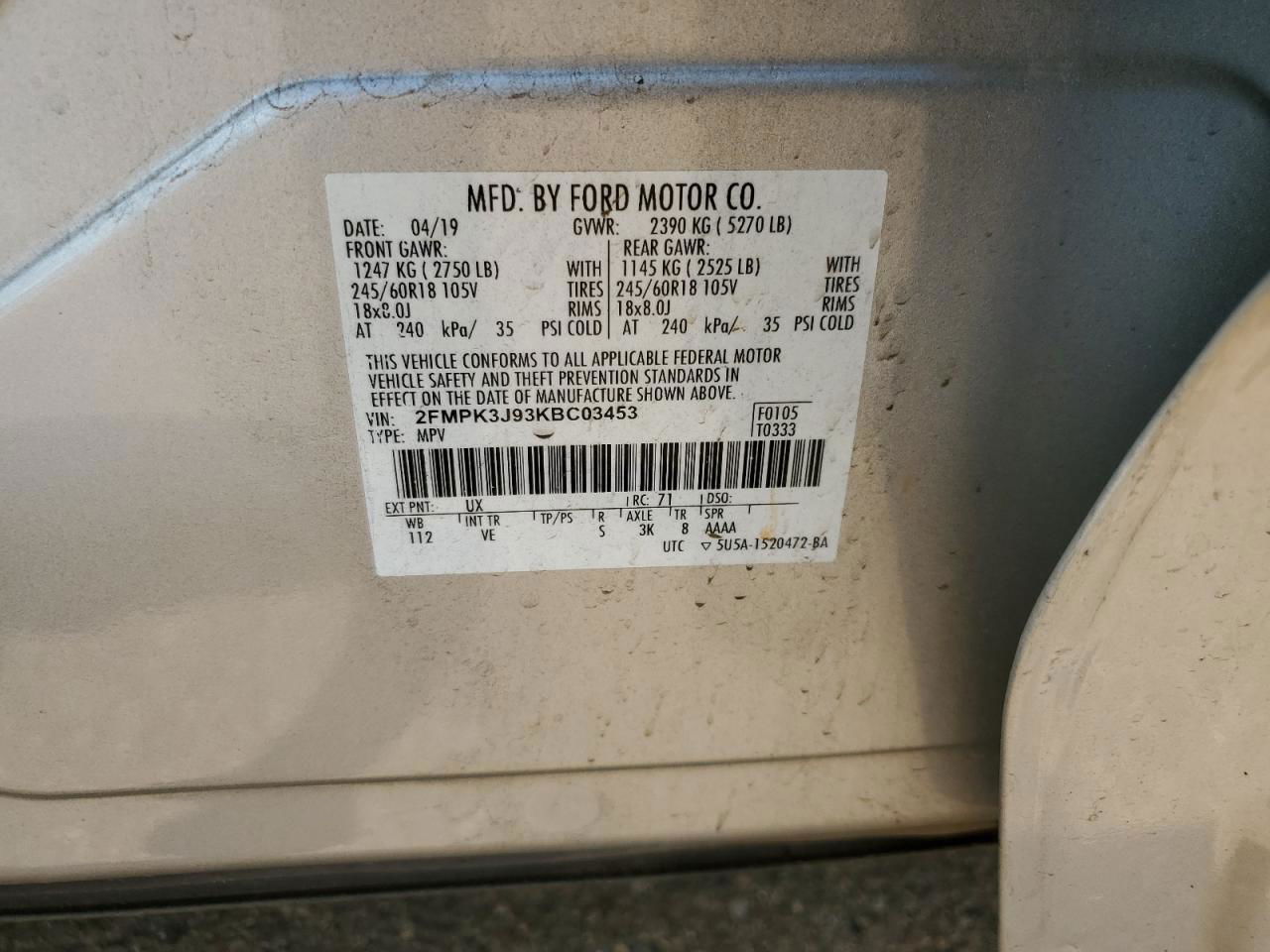 2019 Ford Edge Sel Silver vin: 2FMPK3J93KBC03453