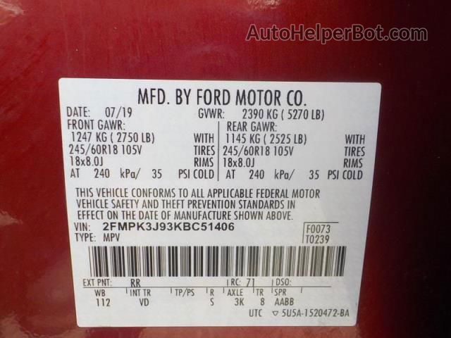 2019 Ford Edge Sel Red vin: 2FMPK3J93KBC51406