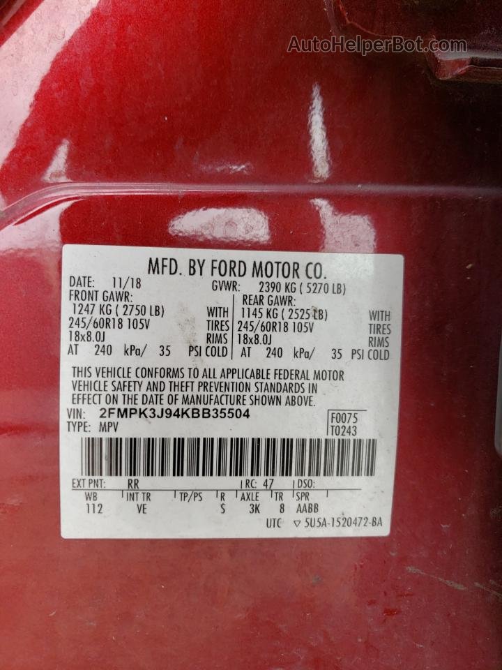 2019 Ford Edge Sel Красный vin: 2FMPK3J94KBB35504