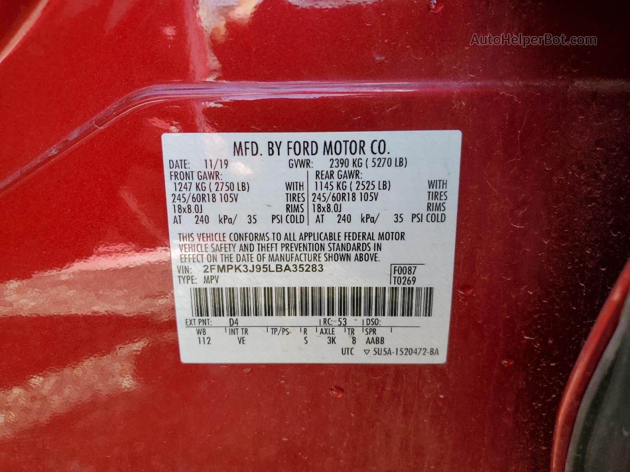 2020 Ford Edge Sel Red vin: 2FMPK3J95LBA35283