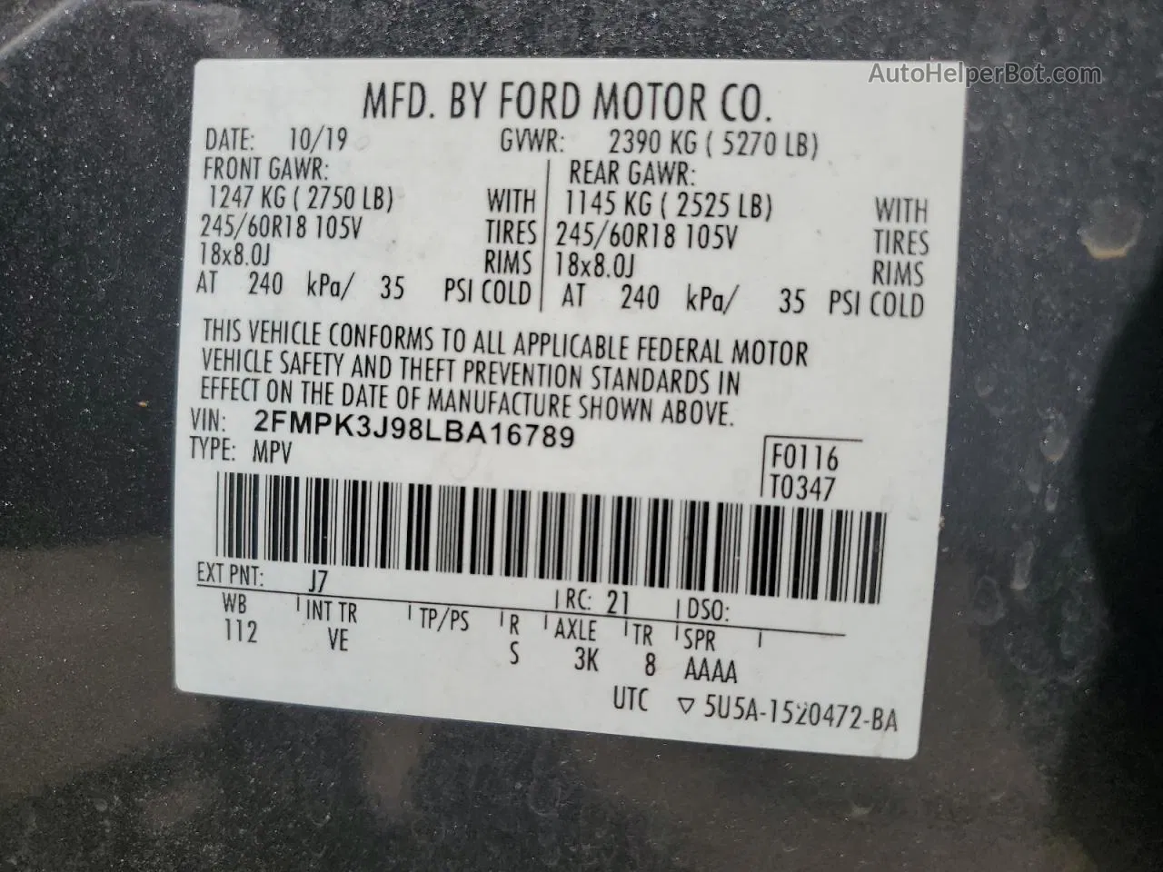 2020 Ford Edge Sel Charcoal vin: 2FMPK3J98LBA16789