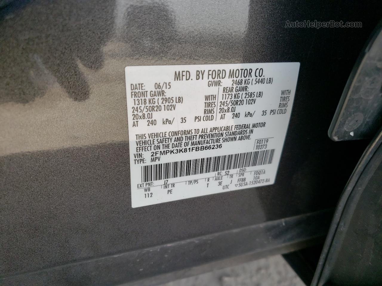 2015 Ford Edge Titanium Gray vin: 2FMPK3K81FBB66236