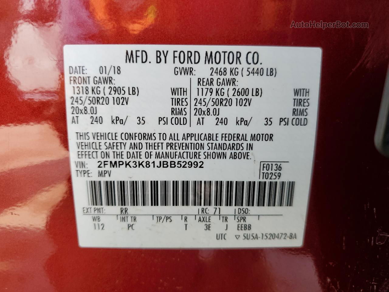 2018 Ford Edge Titanium Бордовый vin: 2FMPK3K81JBB52992