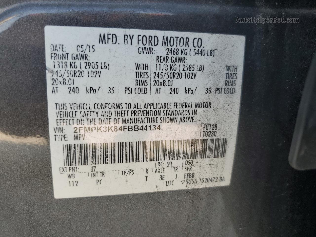 2015 Ford Edge Titanium Gray vin: 2FMPK3K84FBB44134