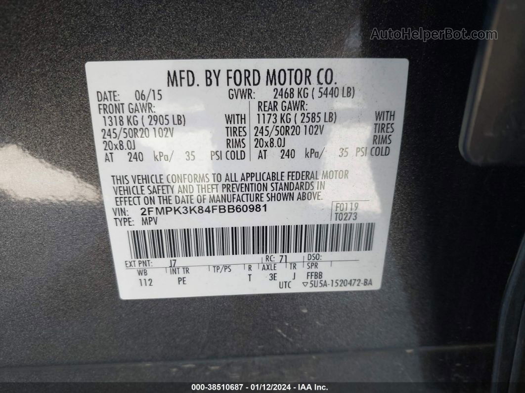 2015 Ford Edge Titanium Серый vin: 2FMPK3K84FBB60981