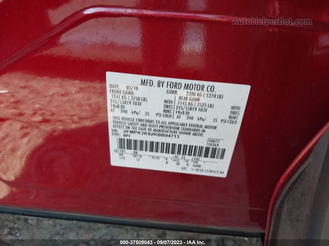 2019 Ford Edge Titanium Красный vin: 2FMPK3K92KBB94713