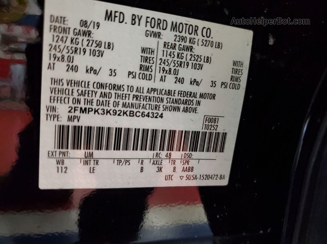 2019 Ford Edge Titanium vin: 2FMPK3K92KBC64324