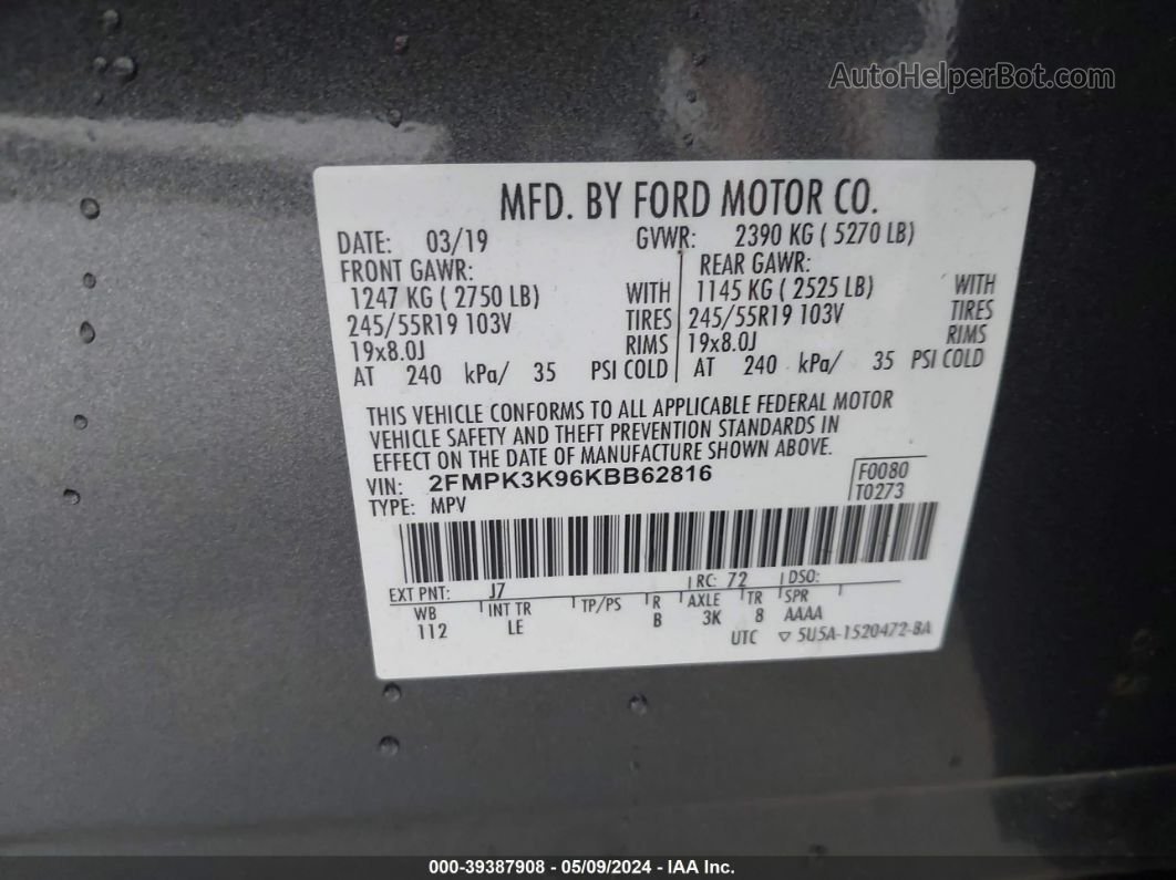 2019 Ford Edge Titanium Серый vin: 2FMPK3K96KBB62816